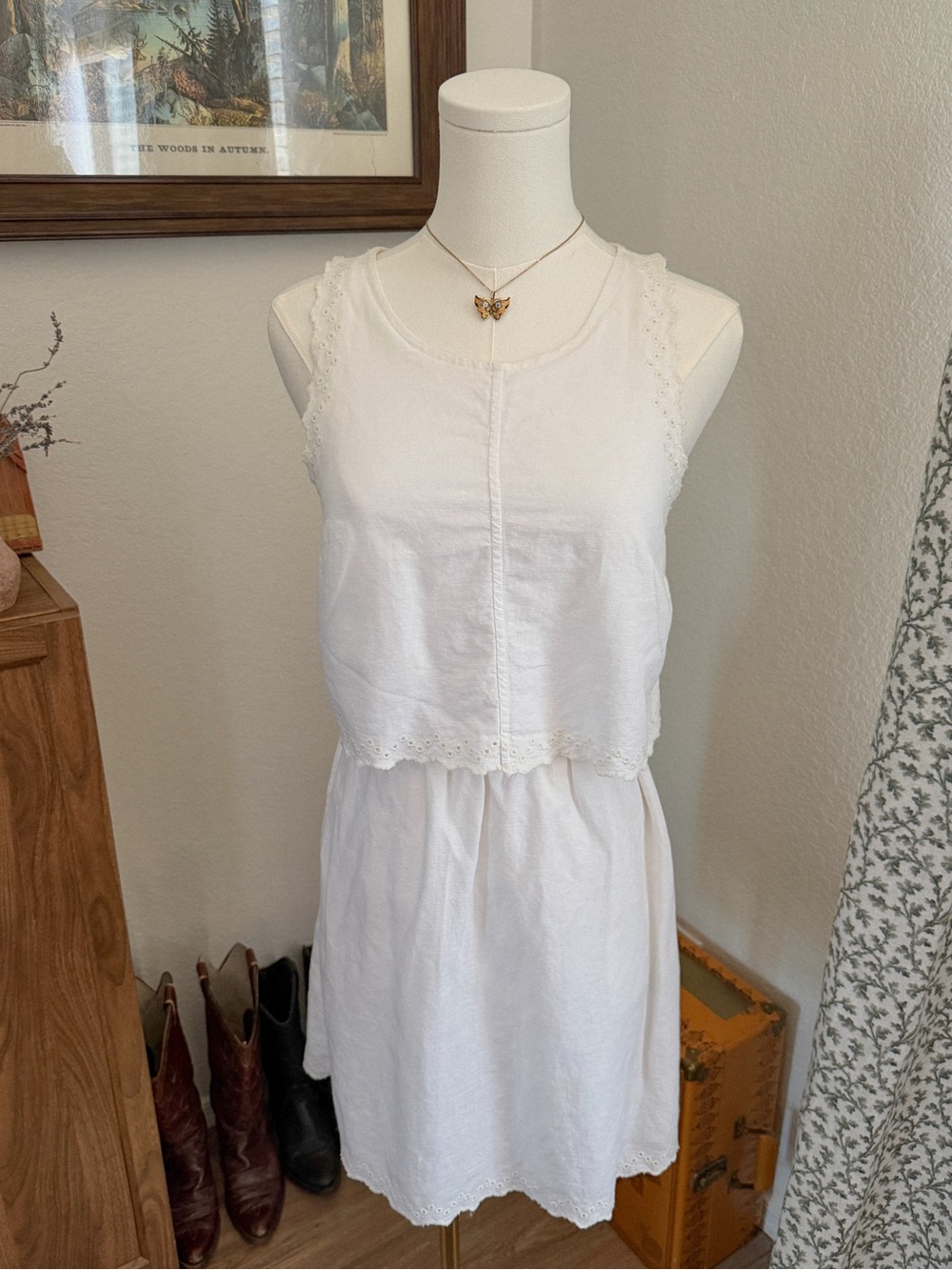 Madewell Linen Cotton Eyelet Mini Dress White Open Back Size 0